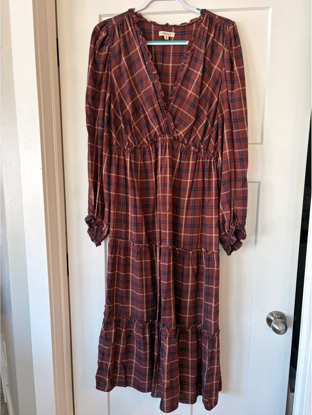 Max Studio Plaid Ruffle Wrap Midi Dress — Size XL